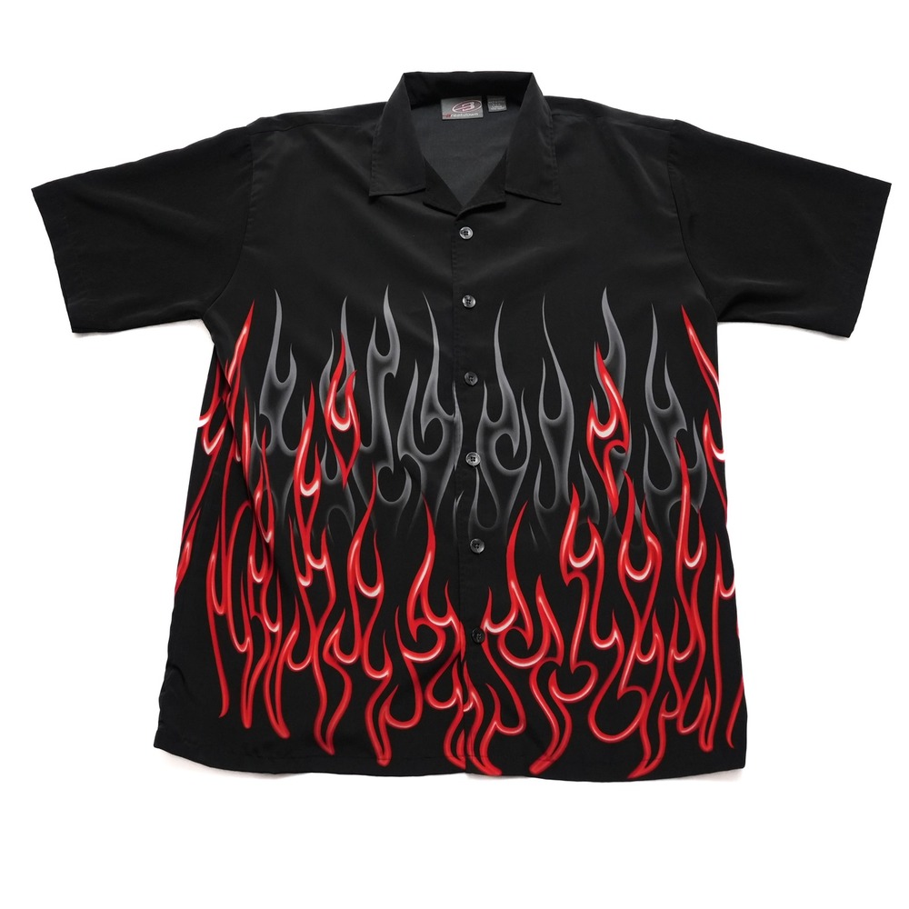 Vintage 90s Breakdown‎ Mens Large Flame Graphic Button Up Shirt Black Red